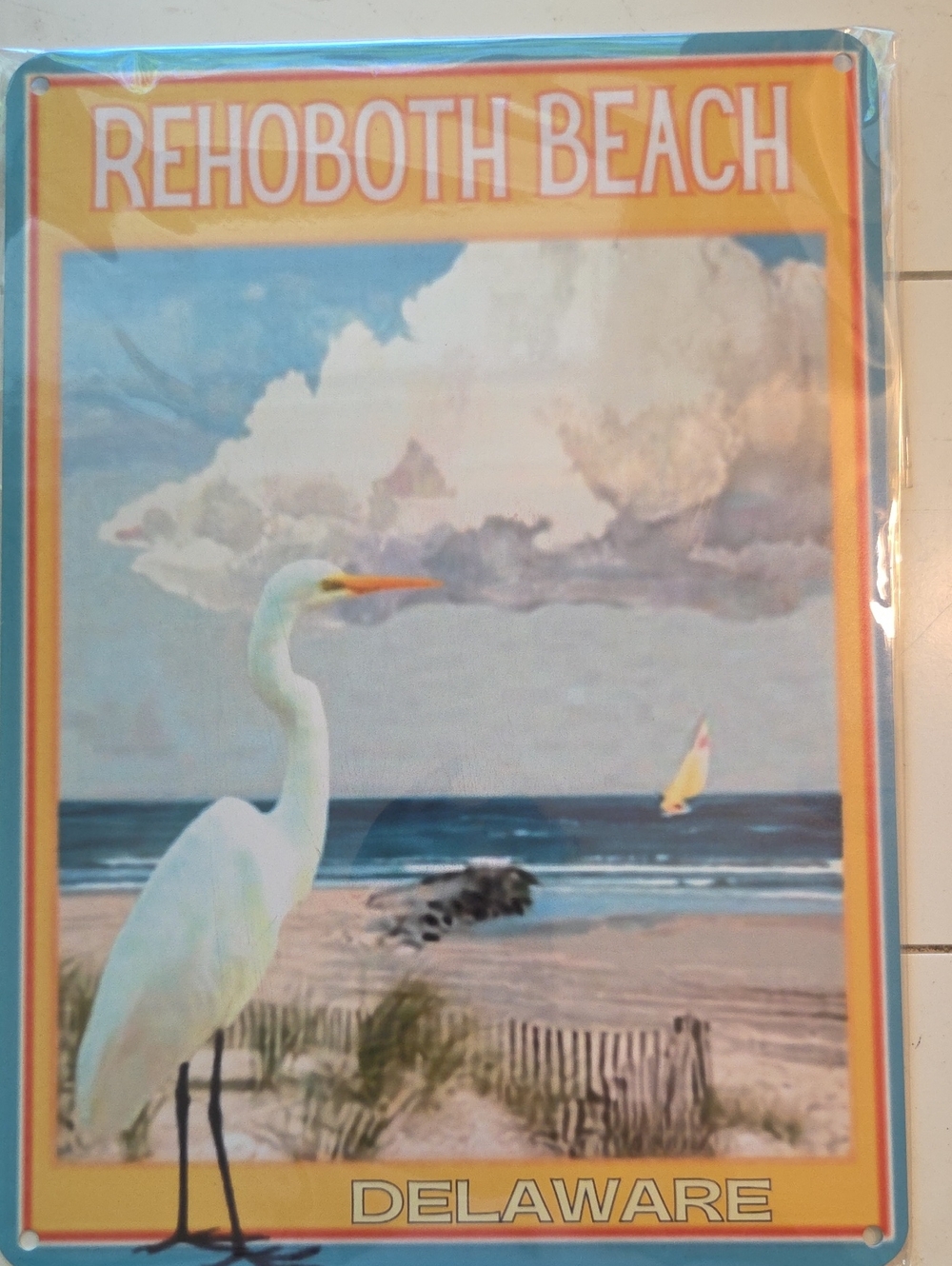 Painted Metal Sign - Rehoboth Beach Delaware Coastal Wall Art - Yellow & Blue